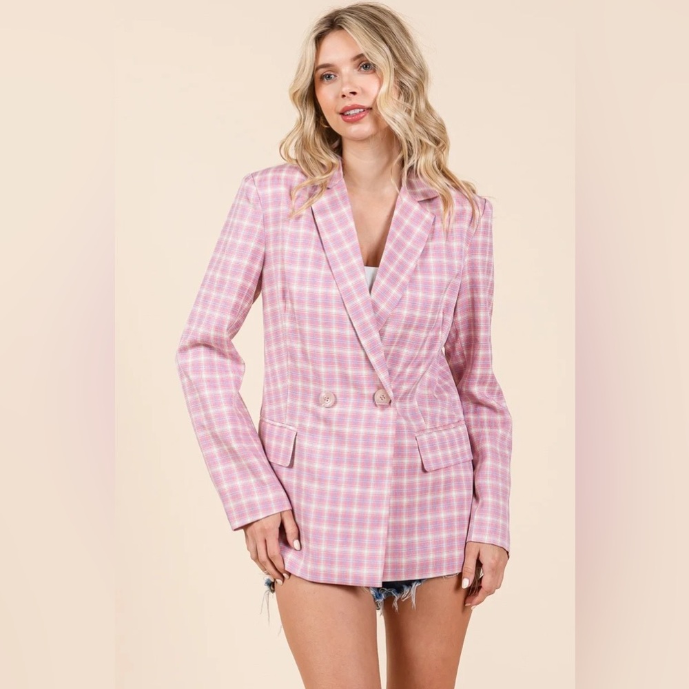 Altar’d State Pink Gingham Double Breasted Blazer Tailored Jacket NWT Size L